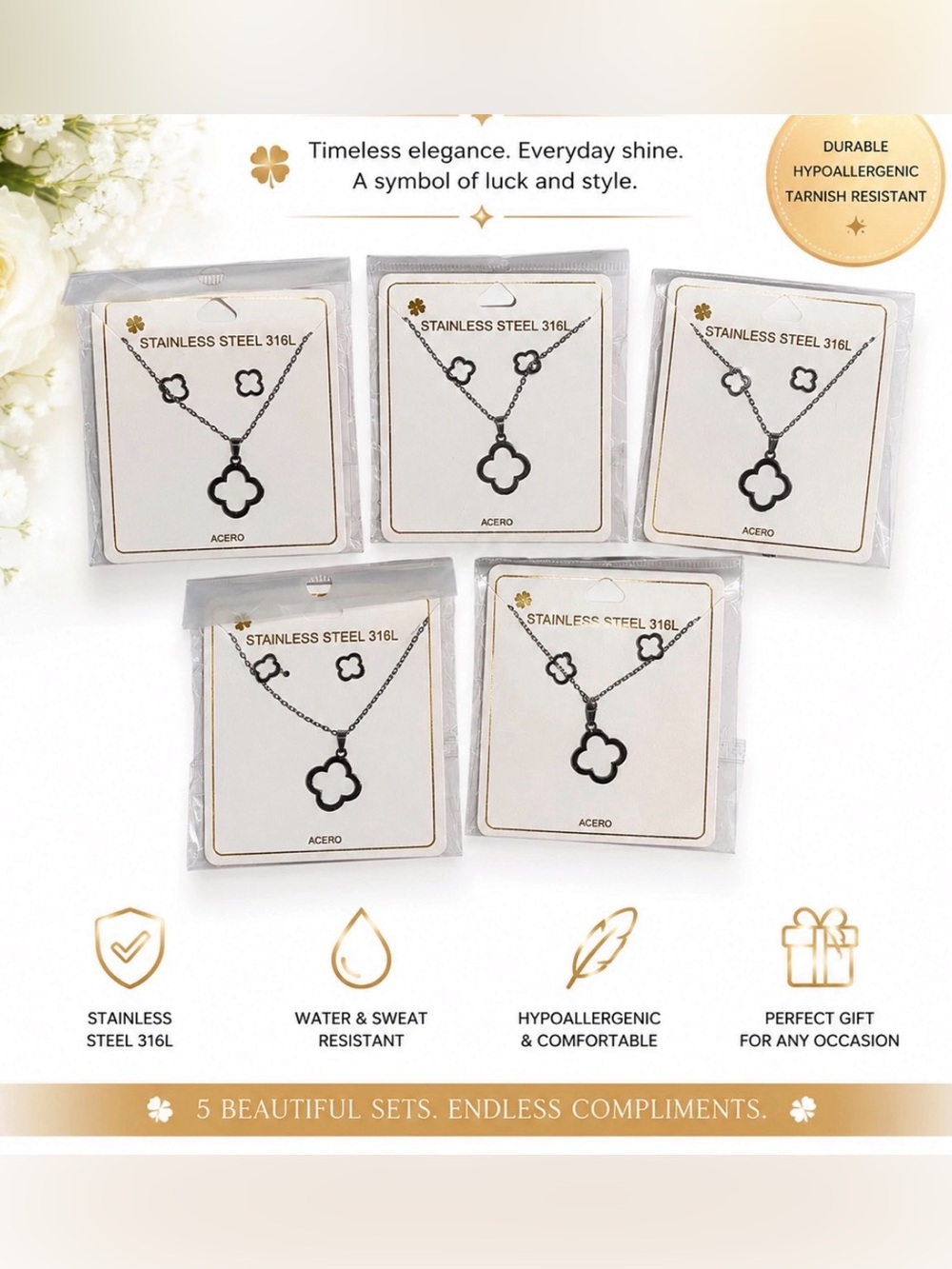 FIVE SETS BEAUTIFUL STAINLESS STEEL CLOVER EARRINGS & NECKLACE SETS
